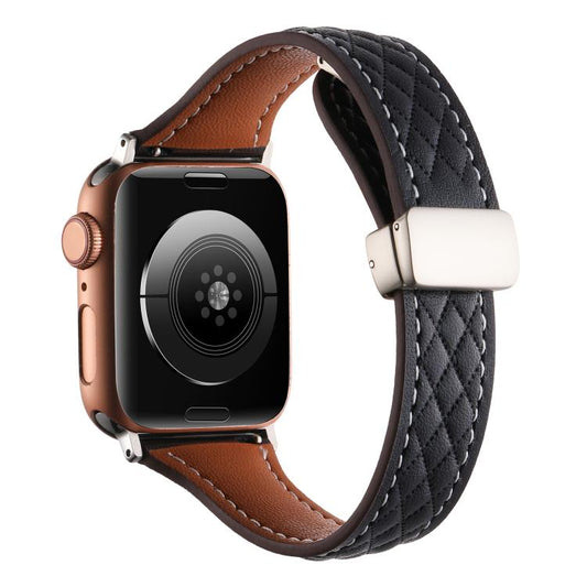 For Apple Watch 42mm / 41mm / 40mm / 38mm Kalebol Diamond Pattern Magnetic Buckle Leather Strap(Black) by Kalebol