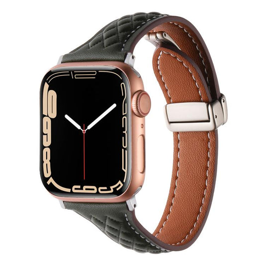 For Apple Watch 42mm / 41mm / 40mm / 38mm Kalebol Diamond Pattern Magnetic Buckle Leather Strap(Olive Green) by Kalebol