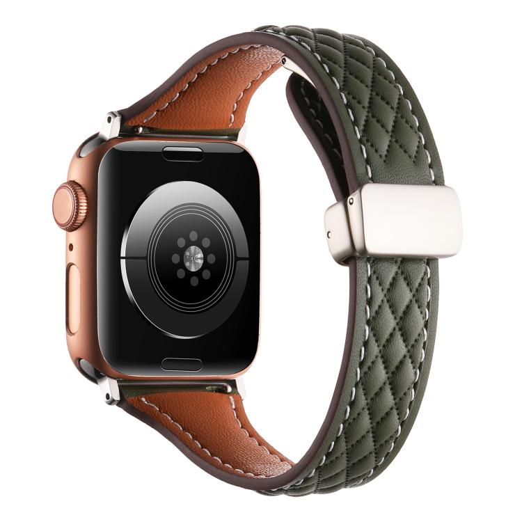 For Apple Watch 42mm / 41mm / 40mm / 38mm Kalebol Diamond Pattern Magnetic Buckle Leather Strap(Olive Green) by Kalebol
