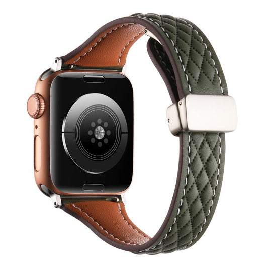 For Apple Watch 42mm / 41mm / 40mm / 38mm Kalebol Diamond Pattern Magnetic Buckle Leather Strap(Olive Green) by Kalebol