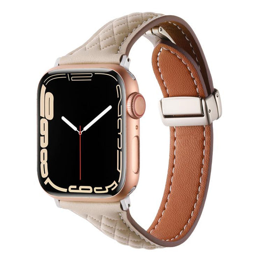 For Apple Watch 42mm / 41mm / 40mm / 38mm Kalebol Diamond Pattern Magnetic Buckle Leather Strap(Apricot) by Kalebol