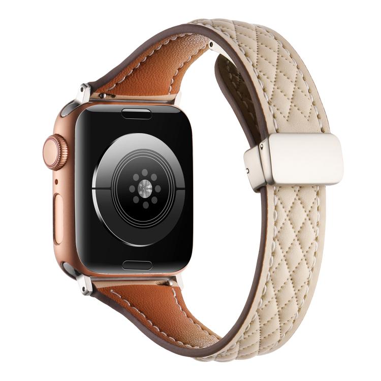 For Apple Watch 42mm / 41mm / 40mm / 38mm Kalebol Diamond Pattern Magnetic Buckle Leather Strap(Apricot) by Kalebol