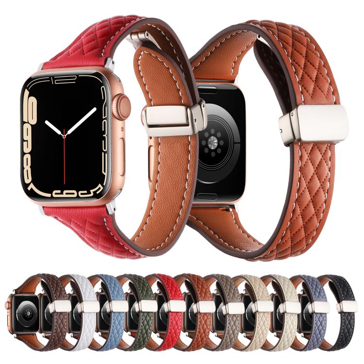 For Apple Watch 46mm / 49mm / 45mm / 44mm Kalebol Diamond Pattern Magnetic Buckle Leather Strap(Apricot) by Kalebol