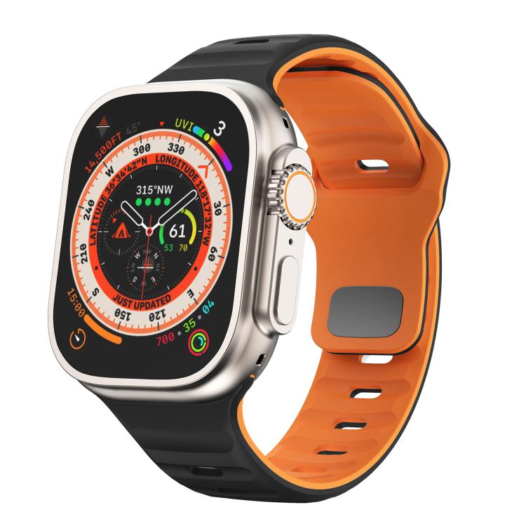 For Apple Watch 46mm / 49mm / 45mm / 44mm Kalebol Wave Reverse Buckle Two-color Silicone Strap(Black Orange) by Kalebol