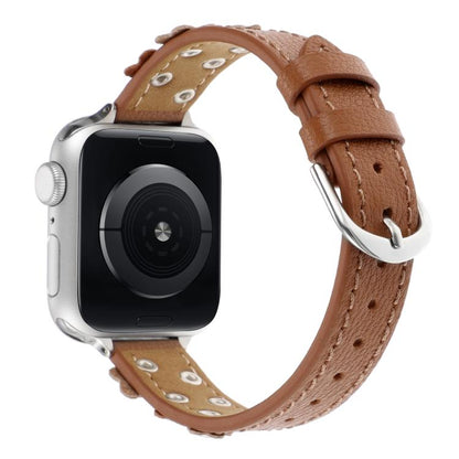 For Apple Watch 46mm / 49mm / 45mm / 44mm Kalebol Studded Flower Leather Strap(Brown) by Kalebol