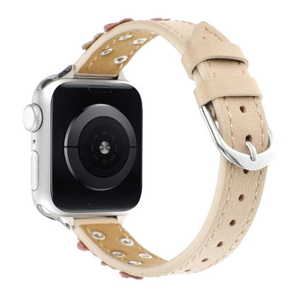 For Apple Watch 42mm / 41mm / 40mm / 38mm Kalebol Studded Flower Leather Strap(Milk Apricot) by Kalebol