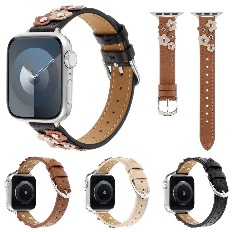 For Apple Watch 42mm / 41mm / 40mm / 38mm Kalebol Studded Flower Leather Strap(Milk Apricot) by Kalebol