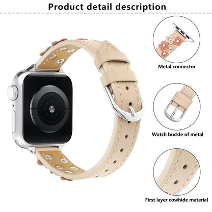 For Apple Watch 46mm / 49mm / 45mm / 44mm Kalebol Studded Flower Leather Strap(Brown) by Kalebol