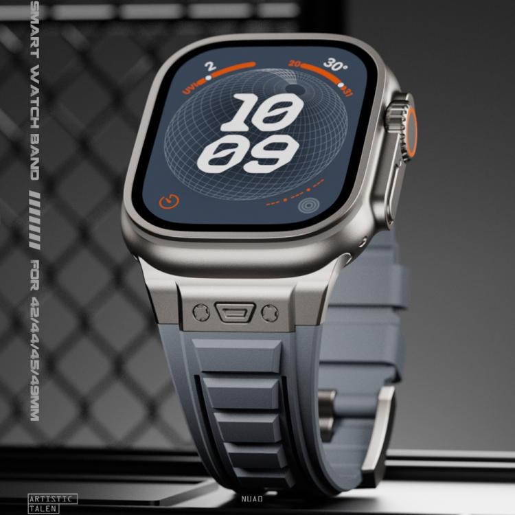 For Apple Watch 46mm / 49mm / 45mm / 44mm Kalebol High Stretch Silicone Armor Watch Band(Black Orange) by Kalebol