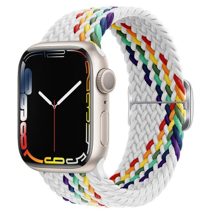 For Apple Watch 46mm / 49mm / 45mm / 44mm Kalebol Eight Buckle Nylon Braided Watch Band(White Rainbow) by Kalebol