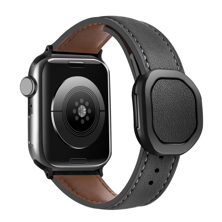 For Apple Watch 46mm / 49mm / 45mm / 44mm Kalebol Magnetic Fold Genuine Buckle Leather Watch Band(Black) by Kalebol