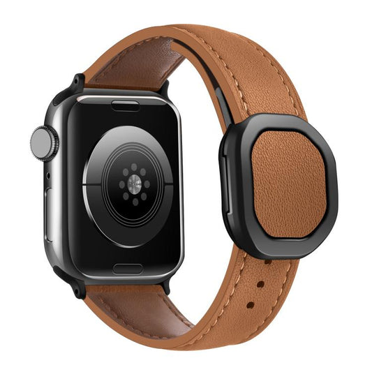 For Apple Watch 46mm / 49mm / 45mm / 44mm Kalebol Magnetic Fold Genuine Buckle Leather Watch Band(Brown) by Kalebol