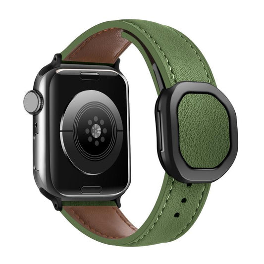For Apple Watch 42mm / 41mm / 40mm / 38mm Kalebol Magnetic Fold Genuine Buckle Leather Watch Band(Army Green) by Kalebol