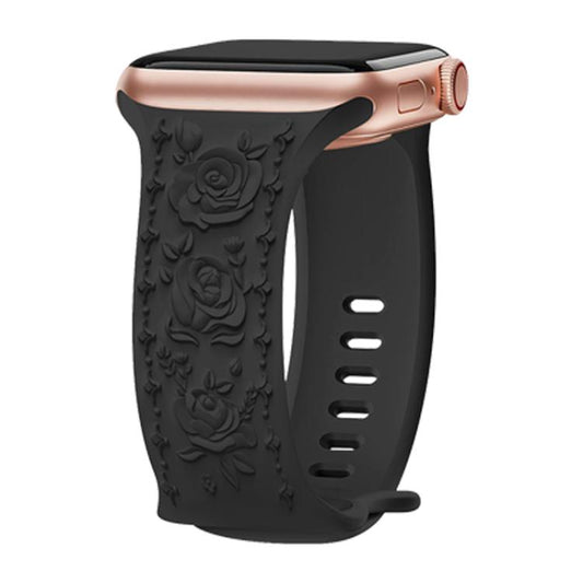 For Apple Watch 42mm / 41mm / 40mm / 38mm Kalebol 8-shaped Buckle Rose Embossed Silicone Watch Band(Black) by Kalebol