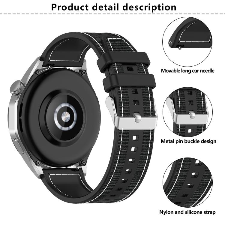 22mm Kalebol Ordinary Silver Buckle Hybrid Nylon Braid Silicone Watch Band(Black) by Kalebol