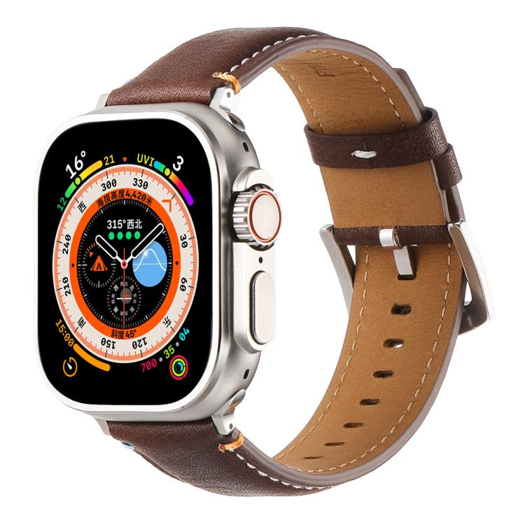 For Apple Watch 46mm / 49mm / 45mm / 44mm Kalebol Stitched Genuine Leather Watch Band(Pull Up Leather Coffee) by Kalebol