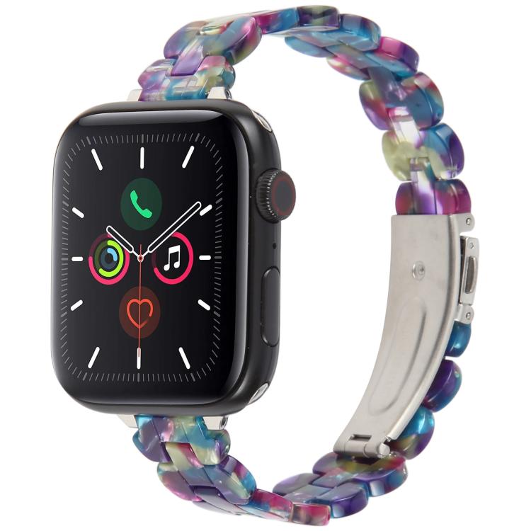 For Apple Watch 46mm / 49mm / 45mm / 44mm Oval Resin Watch Band(Purple Green Flower) by bashfashion