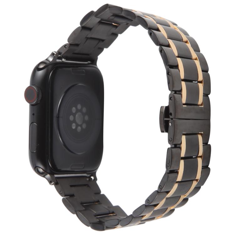 For Apple Watch 46mm / 49mm / 45mm / 44mm Butterfly Buckle New Five Beads Stainless Steel Watch Band(Black Rose Gold) by bashfashion