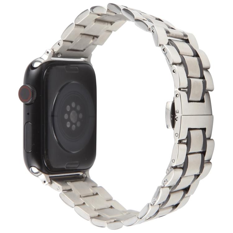For Apple Watch 46mm / 49mm / 45mm / 44mm Butterfly Buckle New Five Beads Stainless Steel Watch Band(Silver Black) by bashfashion