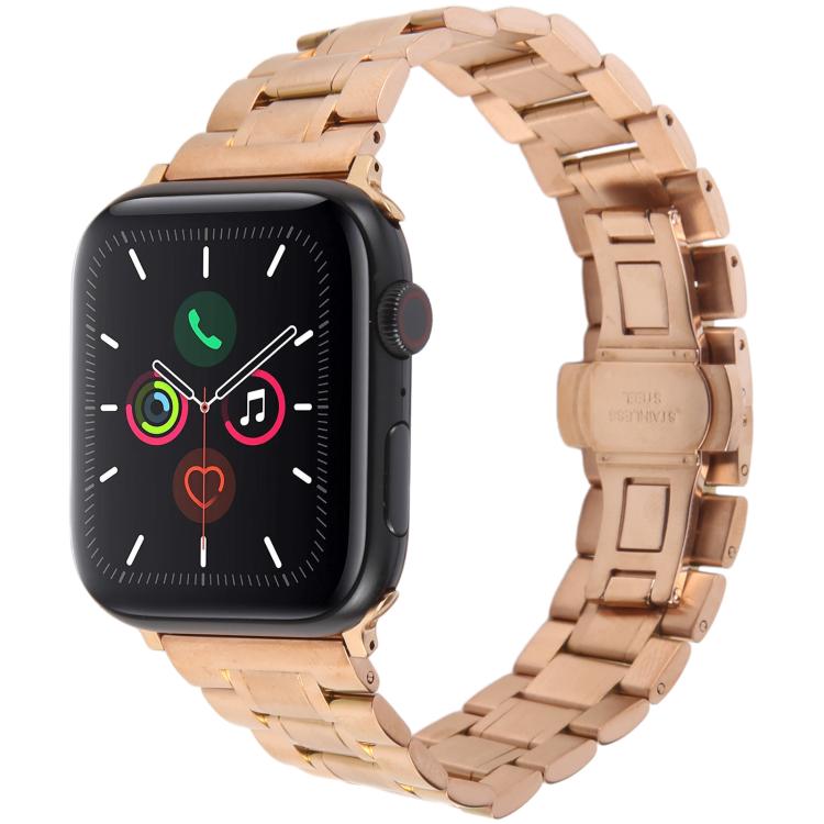 For Apple Watch 46mm / 49mm / 45mm / 44mm Butterfly Buckle New Five Beads Stainless Steel Watch Band(Rose Gold) by bashfashion