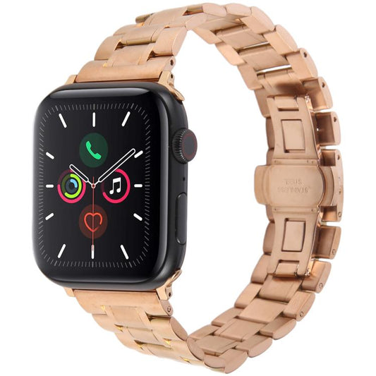 For Apple Watch 46mm / 49mm / 45mm / 44mm Butterfly Buckle New Five Beads Stainless Steel Watch Band(Rose Gold) by bashfashion
