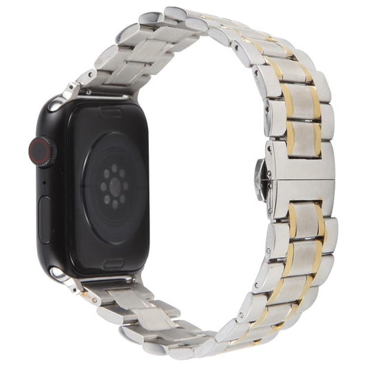 For Apple Watch 46mm / 49mm / 45mm / 44mm Butterfly Buckle New Five Beads Stainless Steel Watch Band(Silver Gold) by bashfashion