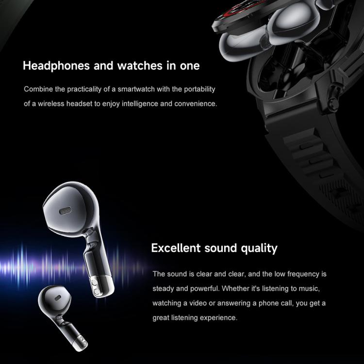 D11 1.46 inch 2 in 1 Bluetooth Earphone Smart Watch, Support Bluetooth Call / NFC / Heart Rate(Black) by bashfashion
