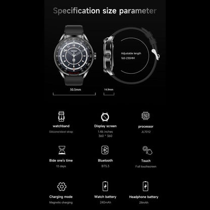 D9 1.46 inch 2 in 1 Bluetooth Earphone Smart Watch, Support Bluetooth Call / NFC / Heart Rate(Black) by bashfashion
