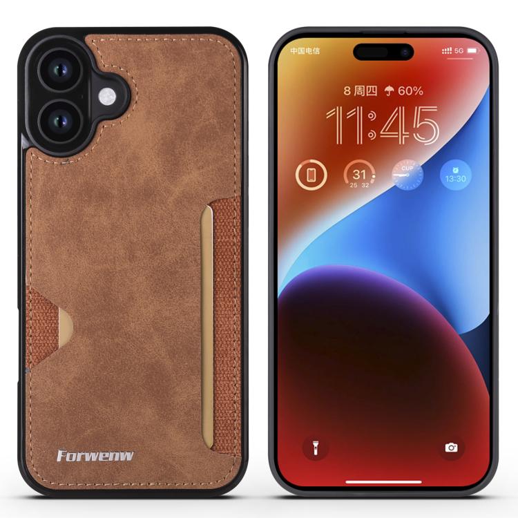 For iPhone 16 Forwenw F5 Series Integrated Card Bag Phone Case(Brown) by Forwenw