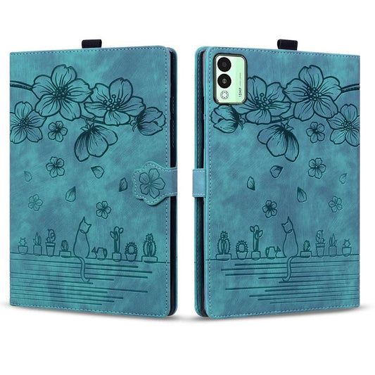 For Tecno MegaPad 11 Cartoon Sakura Cat Embossed Leather Tablet Case(Green) by bashfashion