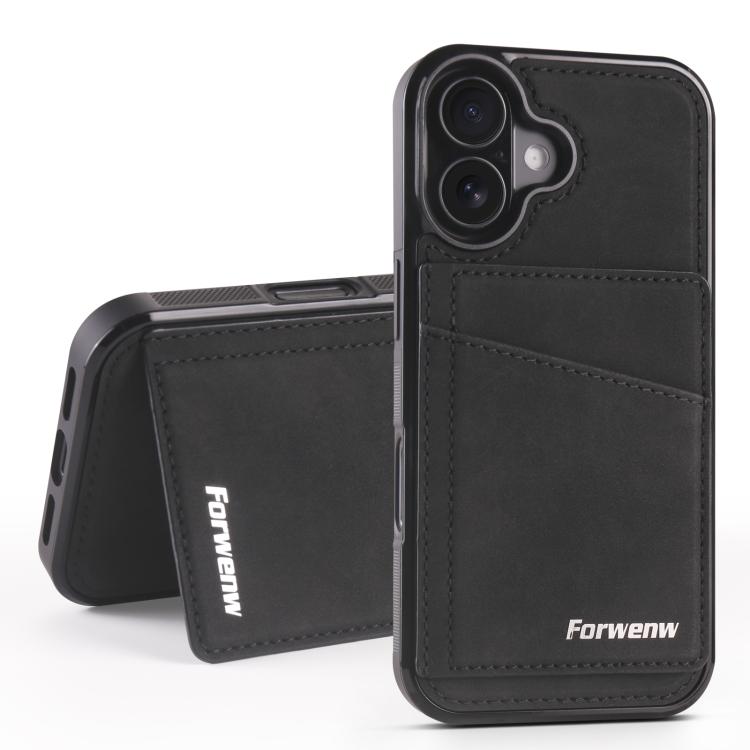 For iPhone 16 Forwenw F8 Series 2 in 1 Magnetic Card Slot Leather Phone Case(Black) by Forwenw