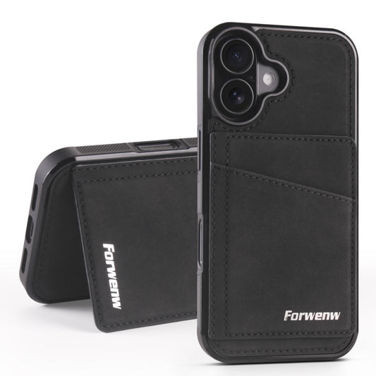 For iPhone 16 Forwenw F8 Series 2 in 1 Magnetic Card Slot Leather Phone Case(Black) by Forwenw