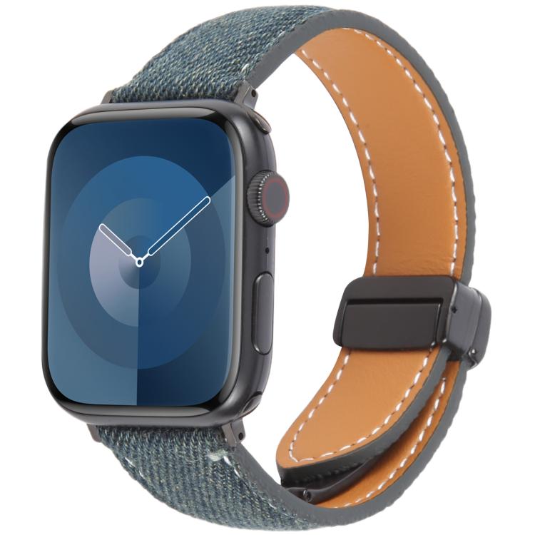 For Apple Watch 46mm / 49mm / 45mm / 44mm Folding Magnetic Buckle Denim Leather Watch Band(Dark Blue) by bashfashion