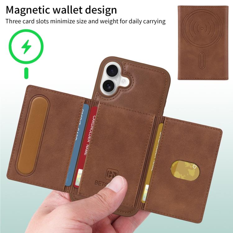 For iPhone 16 Plus BETOPNICE Horizontal Flip Detachable MagSafe Wallet Phone Case(Brown) by BETOPNICE