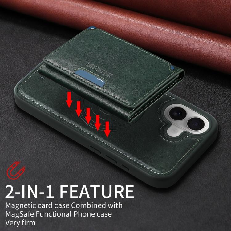For iPhone 16 BETOPNICE Horizontal Flip Detachable MagSafe Wallet Phone Case(Green) by BETOPNICE