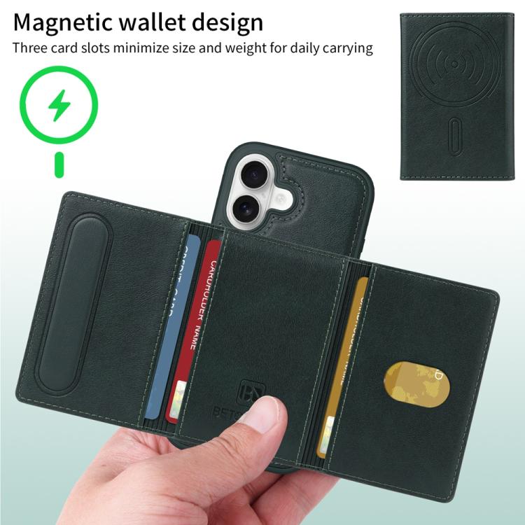 For iPhone 16 BETOPNICE Horizontal Flip Detachable MagSafe Wallet Phone Case(Green) by BETOPNICE