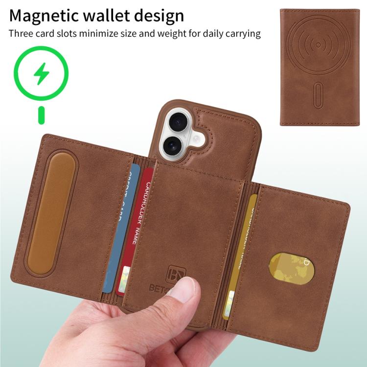 For iPhone 16 BETOPNICE Horizontal Flip Detachable MagSafe Wallet Phone Case(Brown) by BETOPNICE