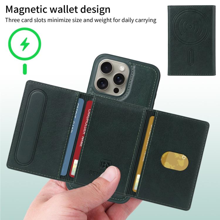 For iPhone 15 Pro Max BETOPNICE Horizontal Flip Detachable MagSafe Wallet Phone Case(Green) by BETOPNICE