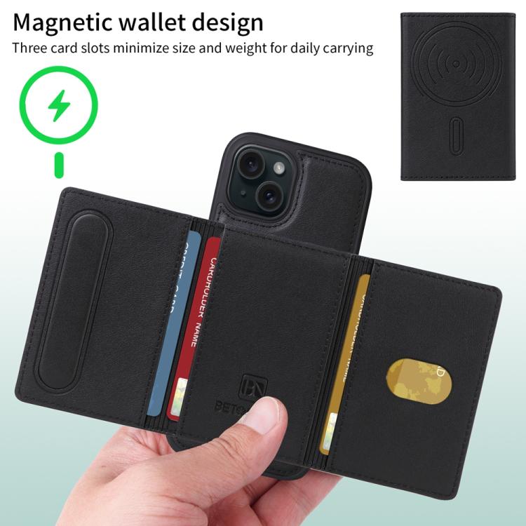 For iPhone 15 BETOPNICE Horizontal Flip Detachable MagSafe Wallet Phone Case(Black) by BETOPNICE
