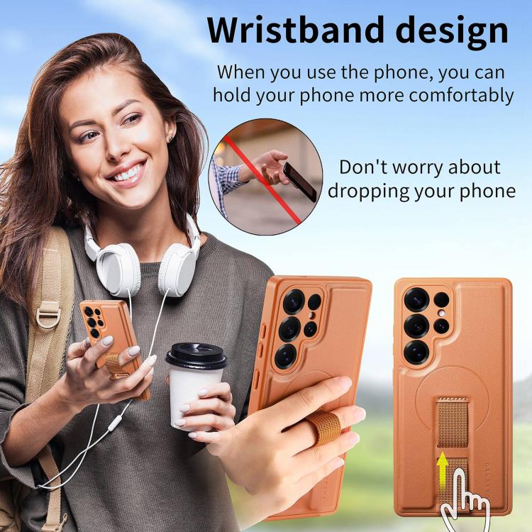 For Samsung Galaxy S25 Ultra 5G CaseNeo Finger Grip Strap MagSafe Leather Phone Case(Brown) by CaseNeo