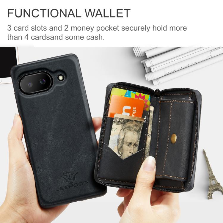 For Google Pixel 9a JEEHOOD J02 Magnetic Zipper Horizontal Flip Leather Phone Case(Black) by JEEHOOD