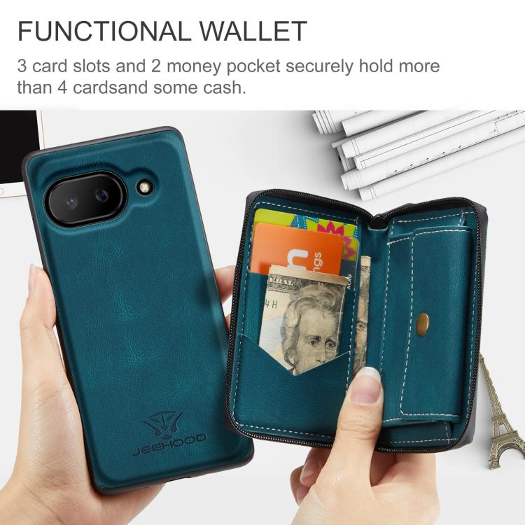 For Google Pixel 9a JEEHOOD J02 Magnetic Zipper Horizontal Flip Leather Phone Case(Blue) by JEEHOOD
