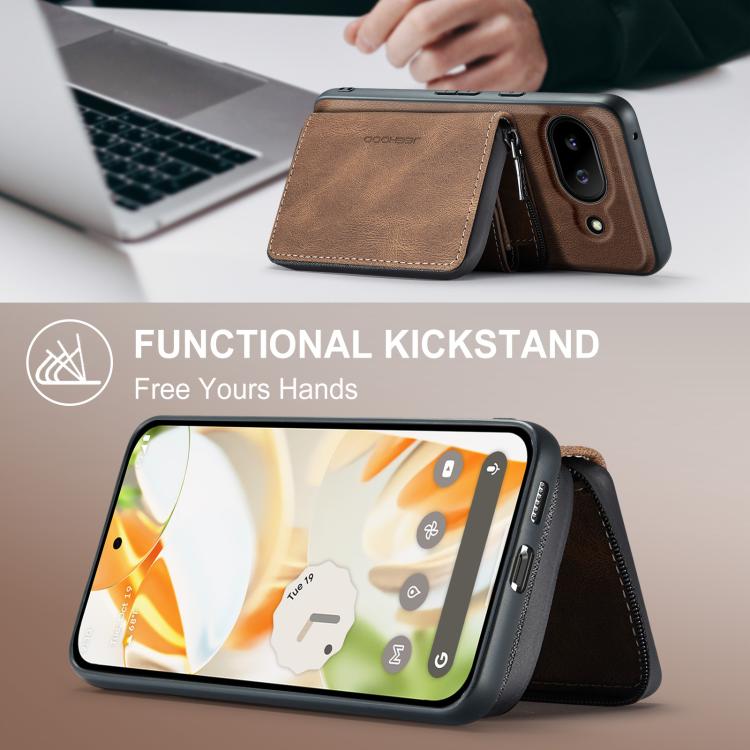 For Google Pixel 9a JEEHOOD J02 Magnetic Zipper Horizontal Flip Leather Phone Case(Brown) by JEEHOOD