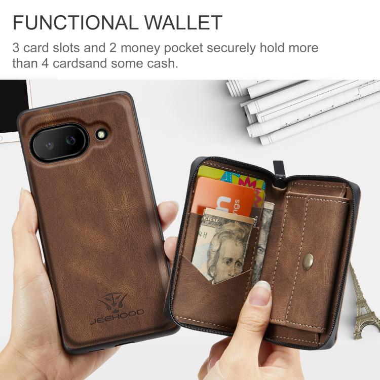 For Google Pixel 9a JEEHOOD J02 Magnetic Zipper Horizontal Flip Leather Phone Case(Brown) by JEEHOOD
