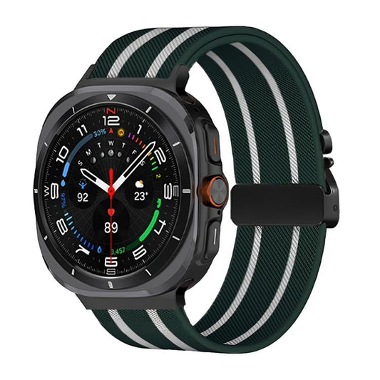For Samsung Galaxy Watch Ultra 47mm / Ultra 2025 Parachute Buckle Stripe Nylon Elastic Braided Watch Band(Dark Green White) by bashfashion