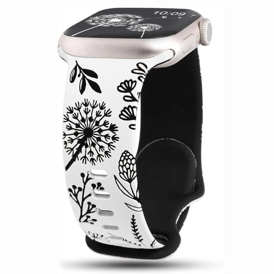 For Apple Watch 46mm / 49mm / 45mm / 44mm Two Color Dandelion Engraved Silicone Watch Band(White Black) by bashfashion