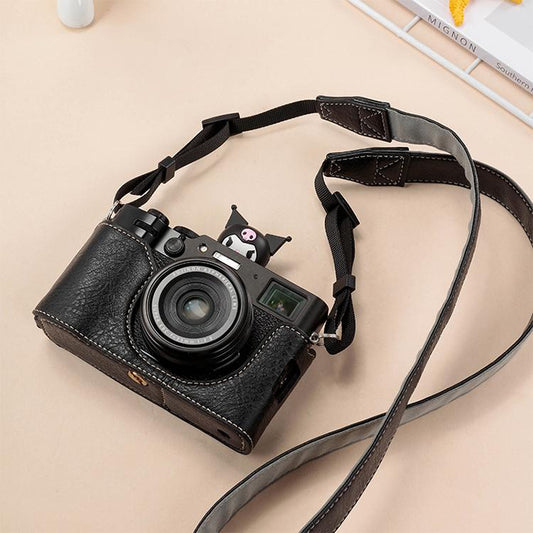 For FUJIFILM X100VI Buffalo Texture PU Leather Camera Half Case Base with Shoulder Strap(Black) by bashfashion