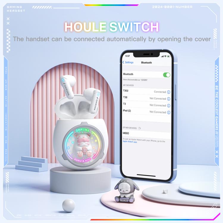 ONIKUMA T302 RGB Cute Unique Doll BT 5.4 Wireless Earphones(White) by ONIKUMA