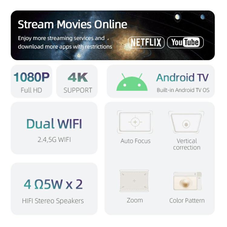 AUN AKEY9S 1080P 1000ANSI Autofocus WIFI Display Smart Projector, UK Plug(Black) by AUN