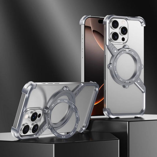 For iPhone 16 S Shaped 360 Holder Airbag Frameless MagSafe Metal Phone Case(Space Gray) by bashfashion